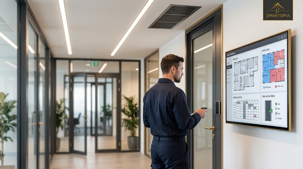 Integrated BMS: Cut Energy Costs and Strengthen Security with One Smart Platform 1 Alt text: Building systems integrator reviewing HVAC, lighting and access control on a BMS dashboard