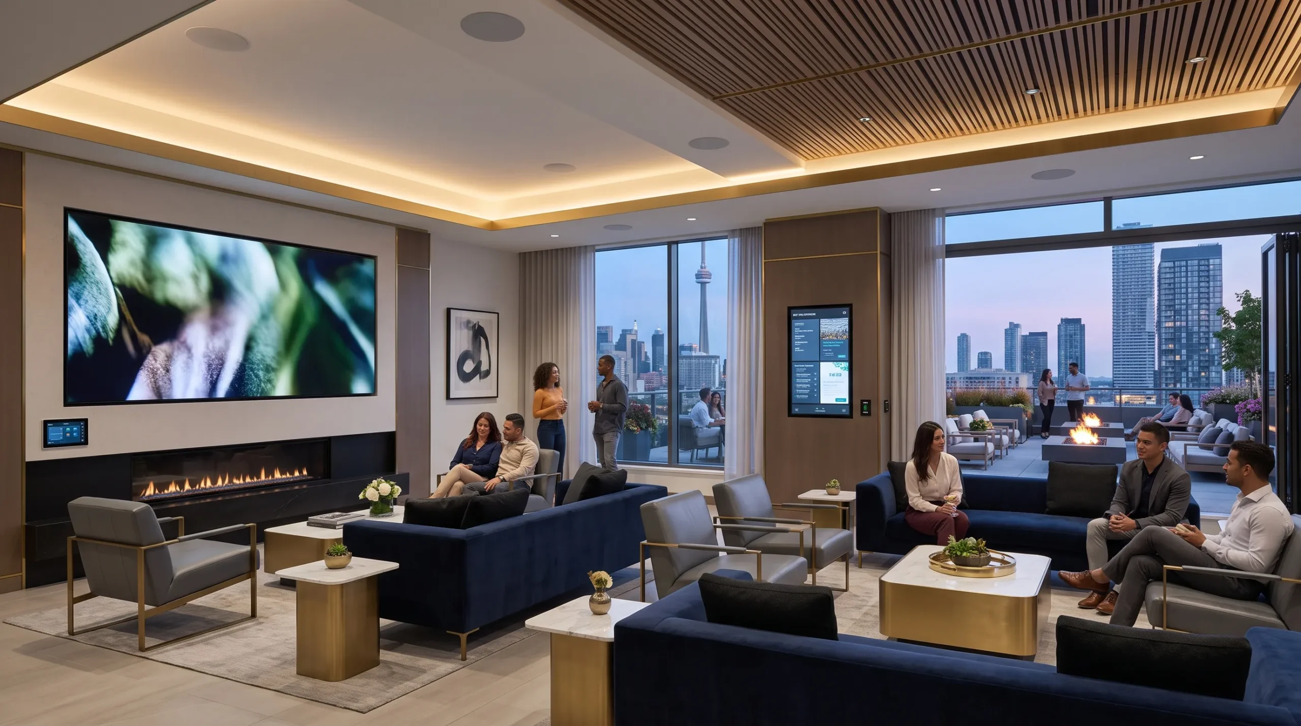 Condo amenity AV system in a modern Toronto residential lounge