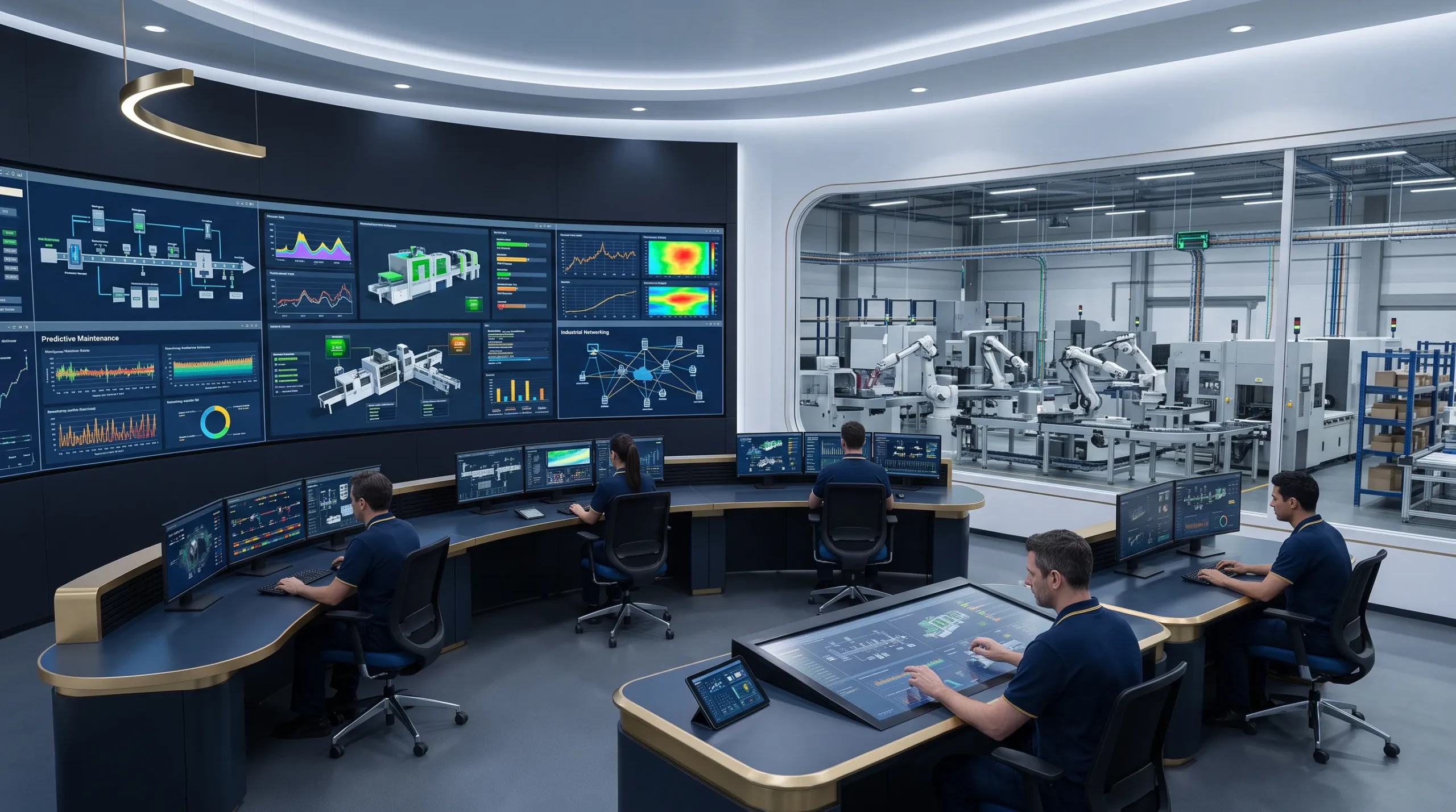 Modern industrial automation facility with PLC-controlled production equipment