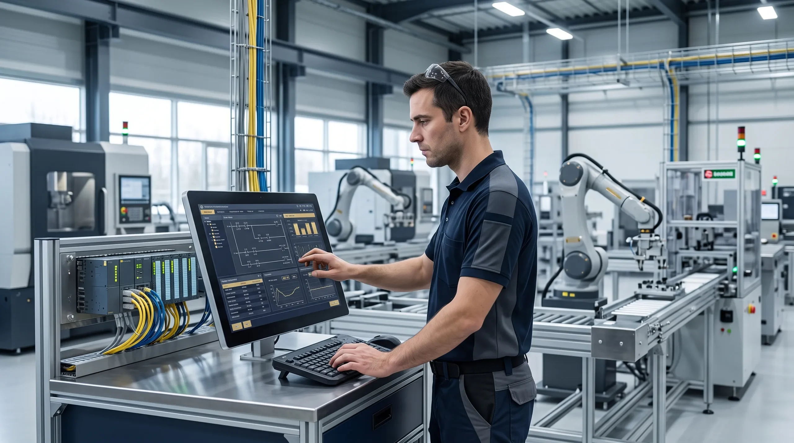 Engineer programming a PLC and HMI in an industrial facility