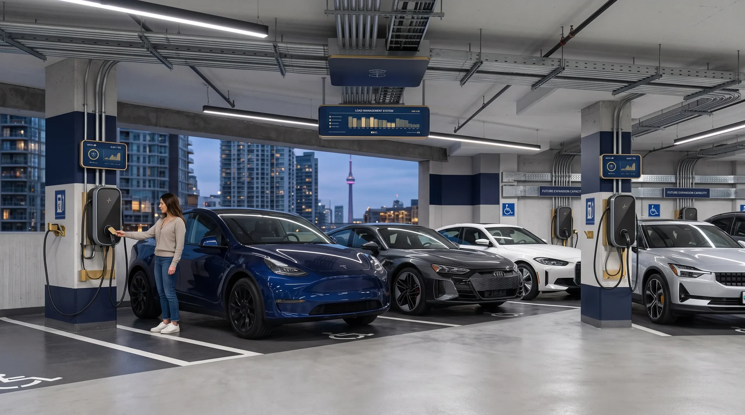 Level 2 EV charging installation in a condominium parking garage