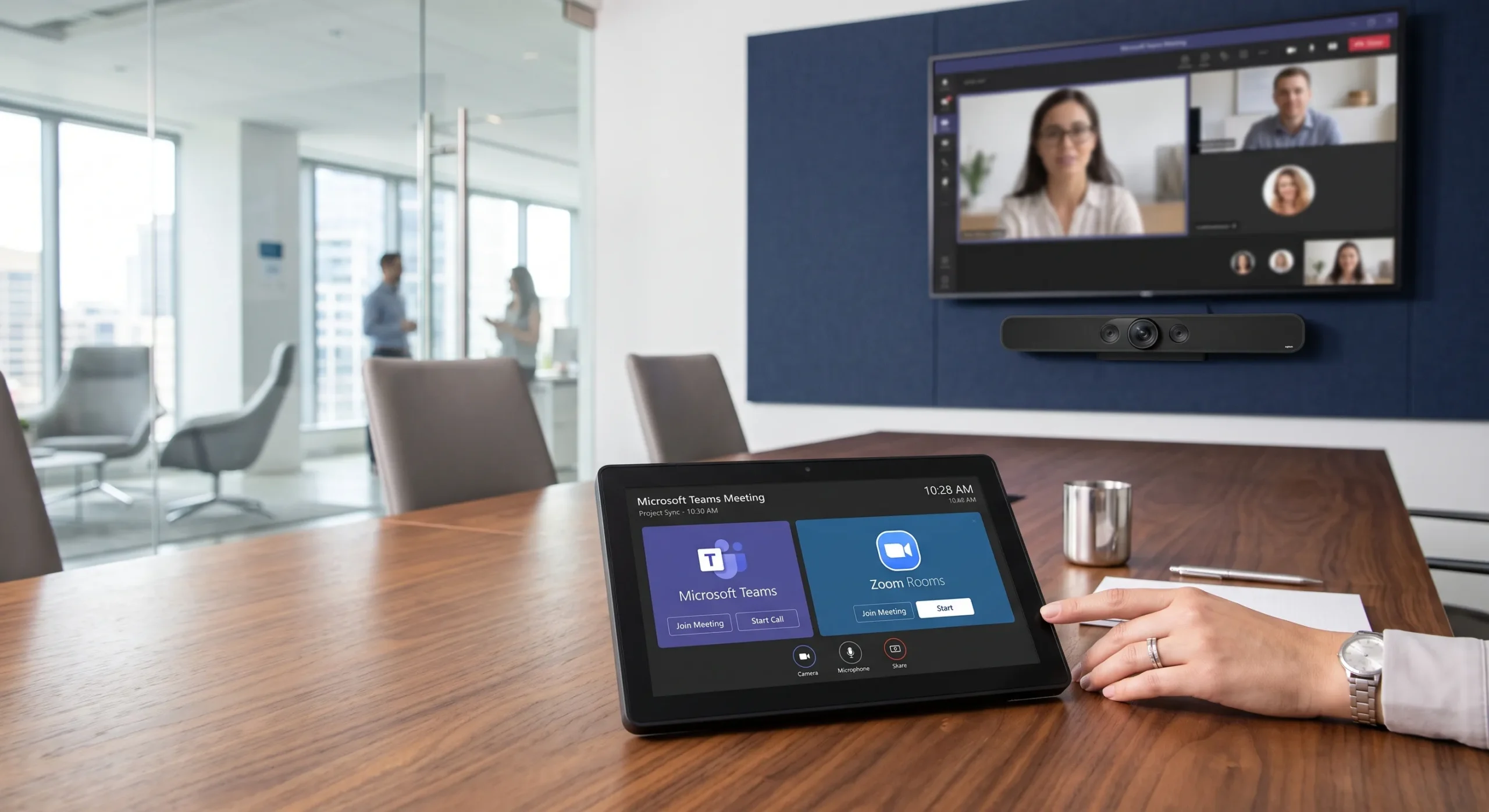 Illustration of a commercial boardroom with audiovisual technology