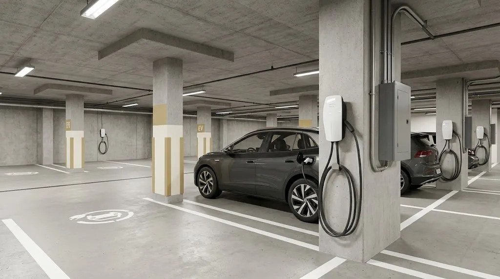 Electric vehicles connected to wall-mounted charging stations in a condominium parking garage.