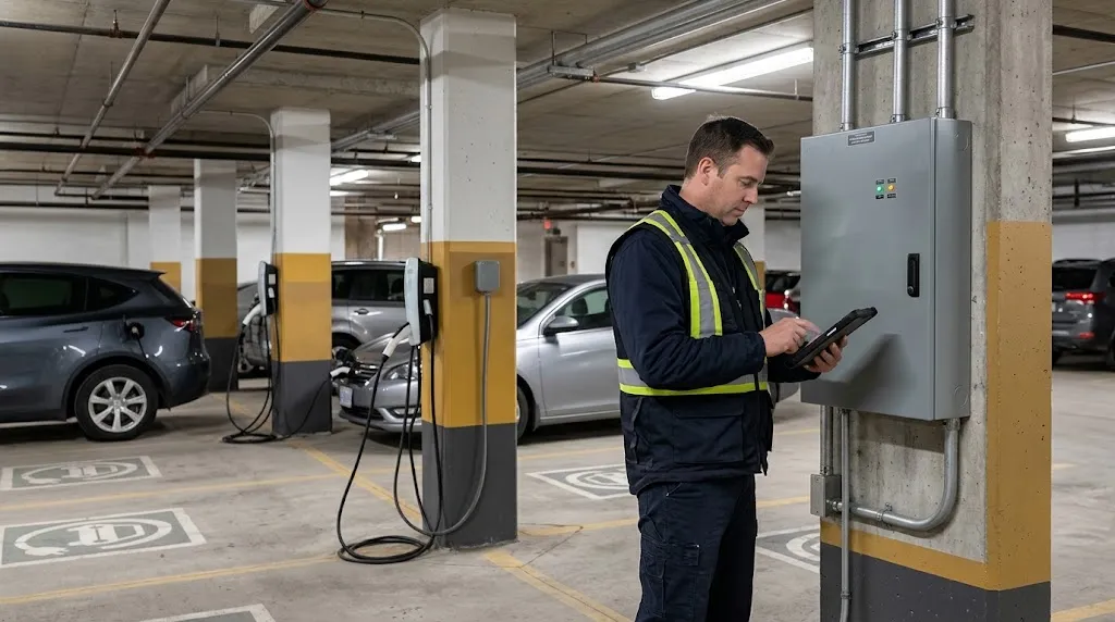 EV Charger Load Management for Condos: How Shared Electrical Capacity Works 2 Electrical professional reviewing EV charging status on a tablet beside a closed control enclosure in a condo garage.