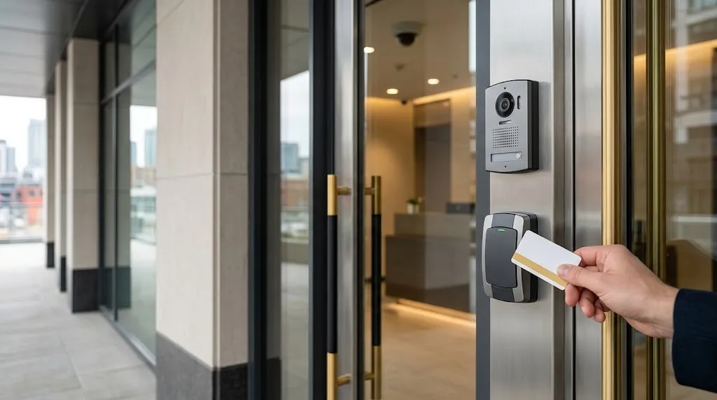 Keycard presented to an access control reader beside a video intercom at a commercial building entrance.