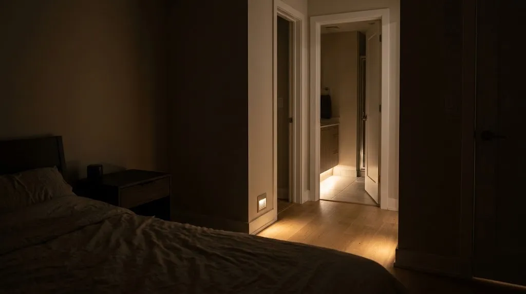 Low-level warm lighting along a bedroom-to-bathroom pathway at night