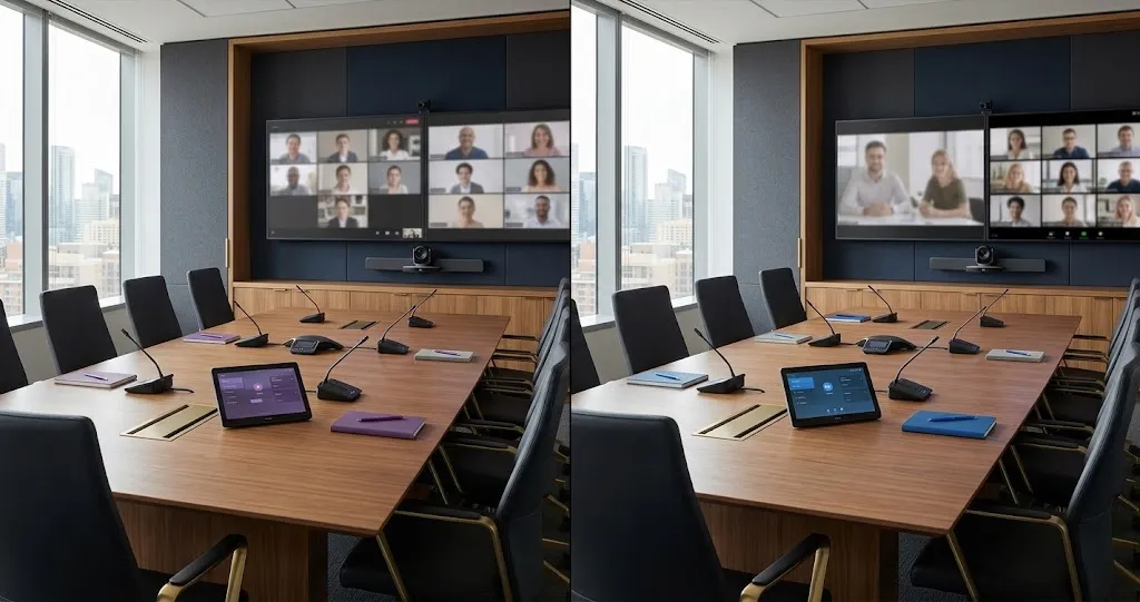 Two alternative conference room setups illustrating Microsoft Teams Rooms versus Zoom Rooms