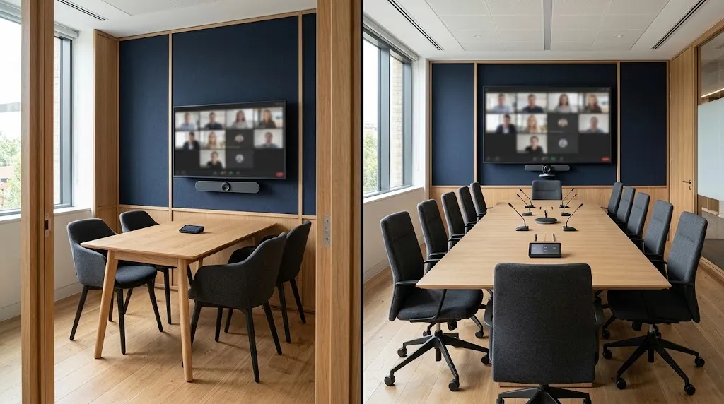meeting room camera, display, tabletop microphone and touch controller