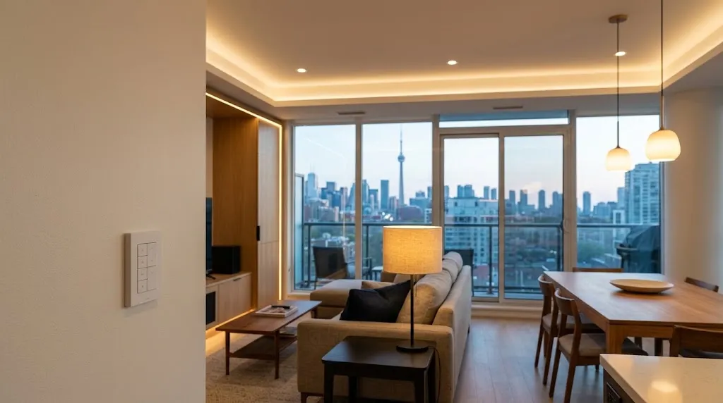 Layered smart lighting in a modern condo living and dining area