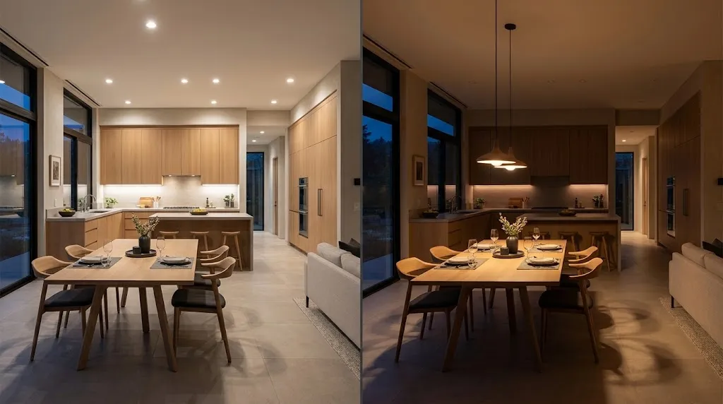The same kitchen and dining room with cooking and dinner lighting scenes