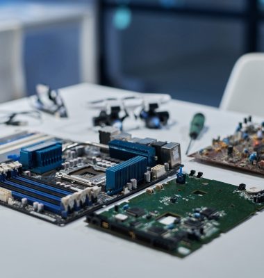 Close-up of motherboard and computer details for developing computer system lying on table in IT office