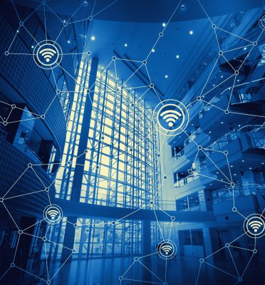 duo tone graphic of modern architecture interior and wireless communication network, abstract image visual